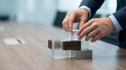 Business Professional Assembling Modern Clear and Wooden Puzzle on Conference Table in Office Setting with Natural Light