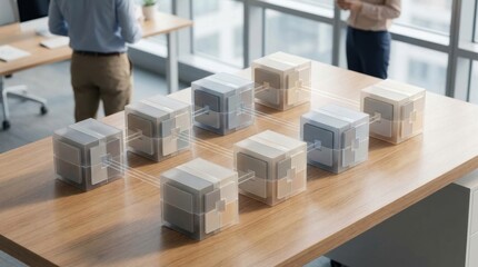 Modern Workspace with Transparent Boxes Representing Data and Connectivity In a Bright Office Environment