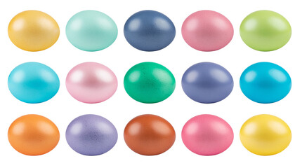 Set of colorful 3d glossy easter eggs featuring shiny glass sphere designs as round web icons and blank vector buttons isolated on white