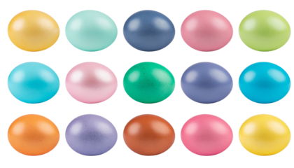 Set of colorful 3d glossy easter eggs featuring shiny glass sphere designs as round web icons and blank vector buttons isolated on white