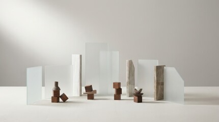 Abstract composition of glass and wood shapes contrasting light and shadow in a minimalist modern setting