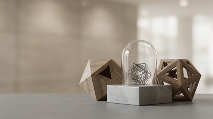 Modern geometric decor display with wooden shapes under glass dome showcasing minimalism and contemporary design aesthetics