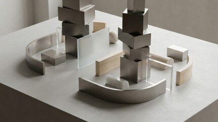 Modern Minimalist Sculpture Arrangement of Geometric Blocks and Shapes in Neutral Tones on a Soft Surface