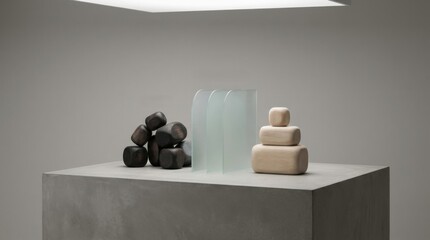 Artistic Display of Geometric Shapes with Wood and Glass Elements on a Minimalist Concrete Table Under Soft Lighting