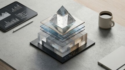 Modern geometric design showcasing transparent layers and a pyramid structure on a minimalist office workspace