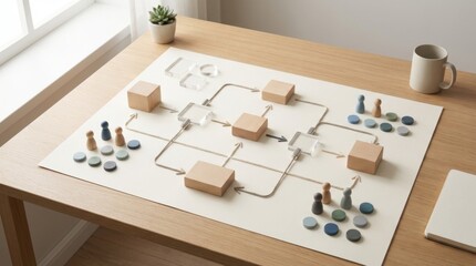 Creative Workspace Layout with Flowchart and Game Pieces for Idea Generation, Strategy Planning, and Team Collaboration