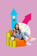 Art image vertical photo collage of happy girl guy stand dollar coin stack light bulb time clock...