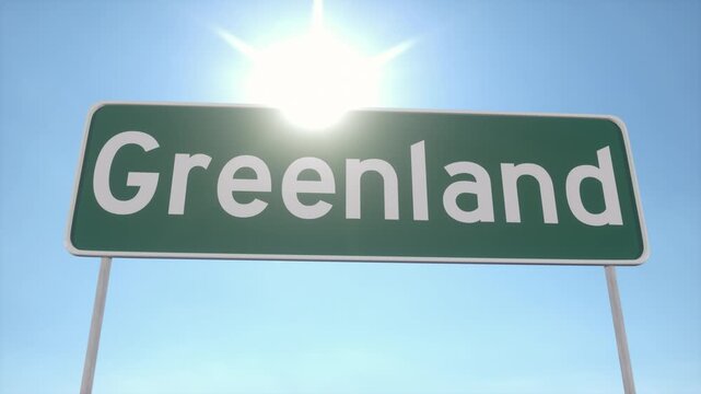 Greenland Road Sign Against Clear Blue Sky With Bright Sunlight