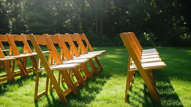 A row of wooden folding chairs set up on a grassy lawn in a serene outdoor setting.