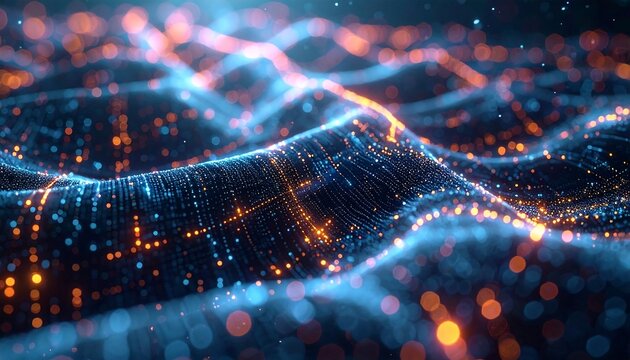 Digital Abstract: An immersive digital artwork, resembling a field of light, weaves together data streams, reflecting technology&rsquo;s intricate dance of connection, with bright tones and shapes.