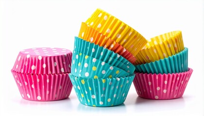 Colorful Polka Dot Paper Cupcake Liners Stacked on a Clean White Reflective Surface