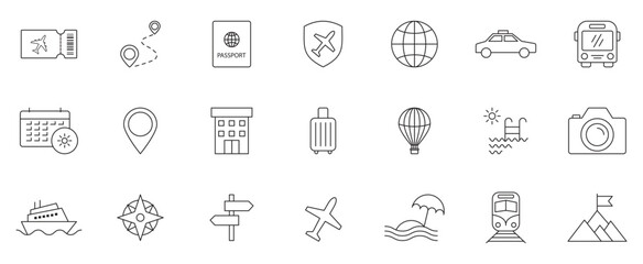 Travel editable stroke icons set. Travel, hotel, holiday, tourism, beach, plane, map, agent and insurance. Vector Illustration.