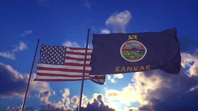 Kansas State and American Flags Waving at Sunset With Dramatic Sky