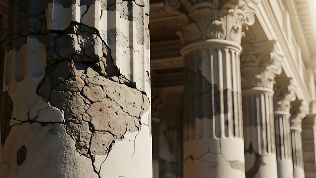 A close-up view of a row of ancient stone columns with cracks and damage