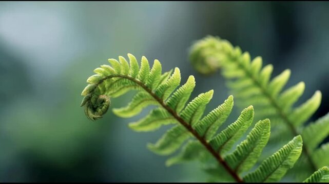 Extreme close up of a vibrant green fern frond, known as a fiddlehead, slowly swaying with a beautifully blurred natural background, symbolizing new life, growth, and tranquility in a forest