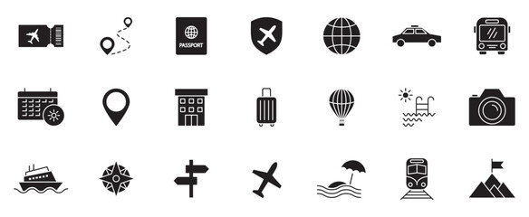 Travel icons set for trips, vacations, destinations, flights, hotels, sightseeing, luggage, maps, transportation, and tourism visuals.