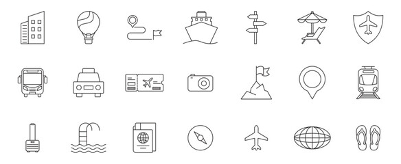 Travel editable stroke icons set. Travel, hotel, holiday, tourism, beach, plane, map, agent and insurance. Vector Illustration.