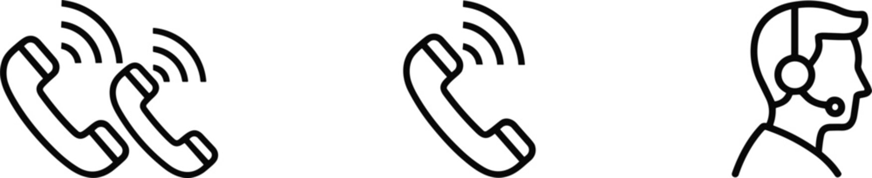 Customer support icon set featuring telephone handset with signal waves and male operator wearing headset for communication assistance.
