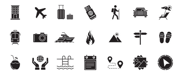 Travel icons set for trips, vacations, destinations, flights, hotels, sightseeing, luggage, maps, transportation, and tourism visuals. © Agastya 897