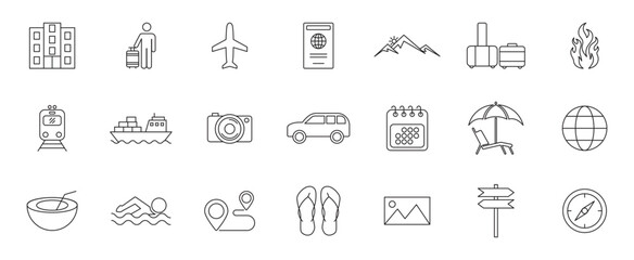 Travel outline icon set. Includes airplane, passport, luggage, car, hotel, map, beach, and vacation elements.