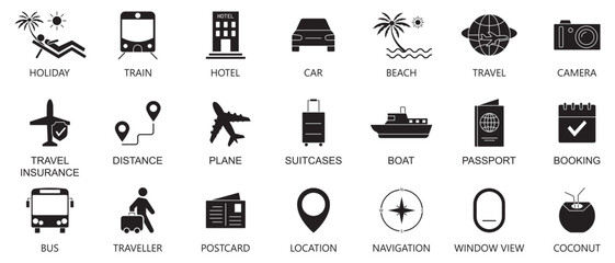 Travel Icon. Set of solid icons on tourism, vacations, tourist attractions, planes, trains, hotels, passports, trip.