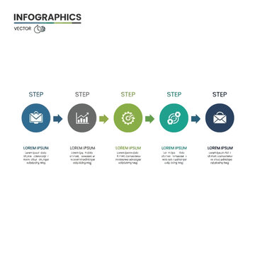 Minimalist 5-step infographic vector set with icons and arrows. Clean modern layout for business process and workflow visualization. Fully editable flat design for professional presentations