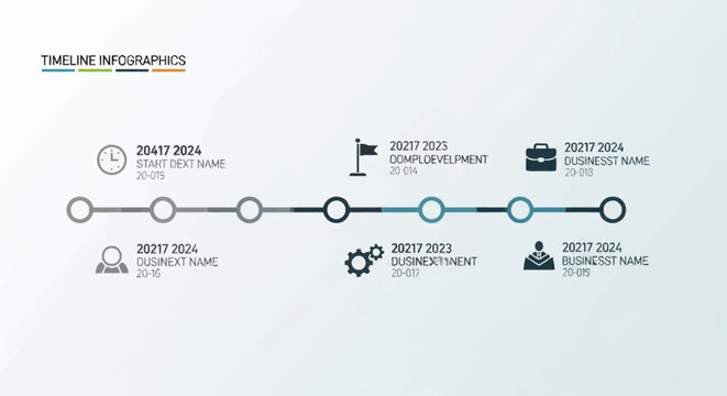 Professional timeline vector with horizontal milestones and icons. Minimalist corporate design with a simple color scheme. Perfect for business roadmap, strategy, and annual report visuals