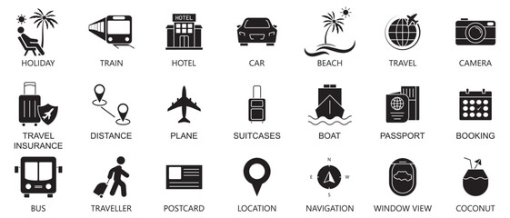 Travel Icon. Set of solid icons on tourism, vacations, tourist attractions, planes, trains, hotels, passports, trip.