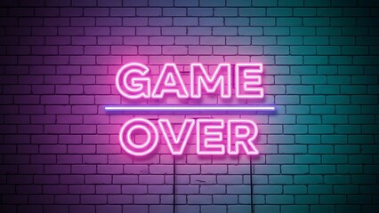 A neon sign on a brick wall that reads Game Over in pink letters