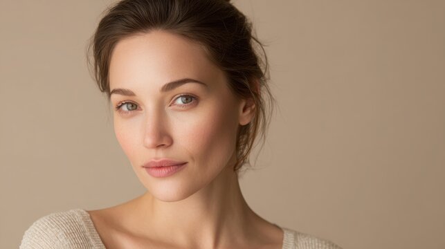 close up portrait of a woman with natural glowing skin and soft hair texture, minimal makeup, calm confident expression, neutral beige background