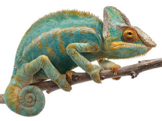 A vivid chameleon clinging to a slender branch, showcasing its vibrant skin and unique characteristics. The chameleon's skin transitions hues seamlessly. Isolated Transparent Background, PNG