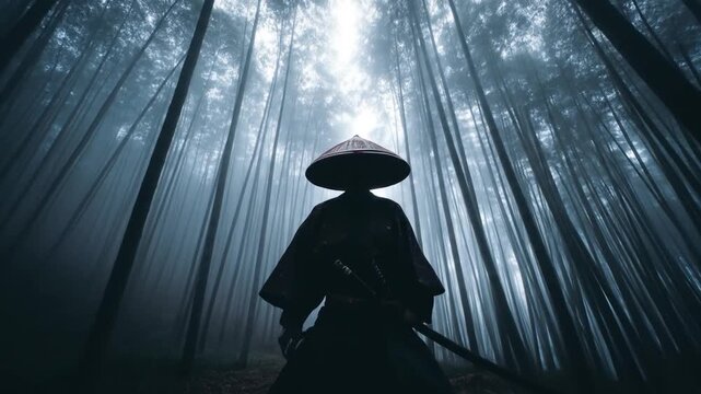Silhouette of a warrior in a bamboo forest with a sword