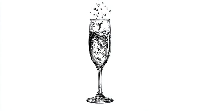 Elegant champagne flute with dynamic splash and bubbles, vintage engraving sketch on white background
