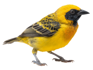 A close-up photograph of a vibrant yellow bird with black accents. Its beak is poised, and it stands gracefully Isolated Transparent Background, PNG