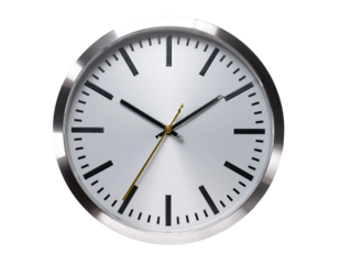 A simple metallic clock showing the time. The clock has a minimalist design, with black markers and a silver face Isolated Transparent Background, PNG