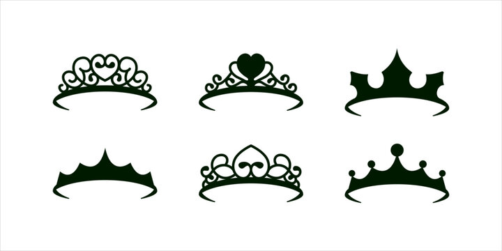 Luxury vector set of silhouettes of tiaras and crowns for royal design, queen princess king headwear collection, wedding or fashion accessory