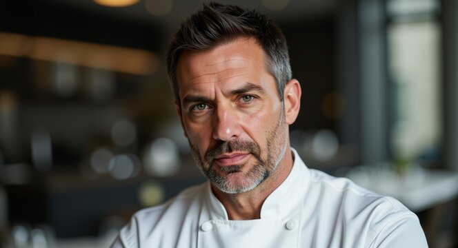Selbstbewusster Koch in moderner Restaurantk&uuml;che Portrait eines erfahrenen Chefkochs