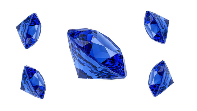 A collection of five blue sapphire gemstones of varying sizes, floating in mid-air against a clean white background, showcasing their intricate facets and deep blue color.