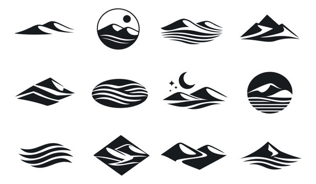 Abstract minimalist desert landscape icons set featuring sand dunes and natural elements for logo design and branding