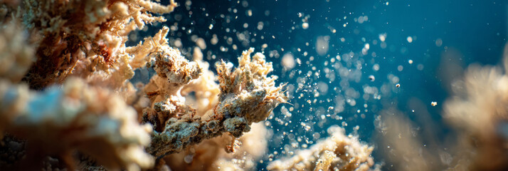 Corals and sponges lie in fragments, affected by disintegration. Tiny creatures cling to the remnants, illuminated by soft light, revealing ecosystem changes and habitat loss, banner