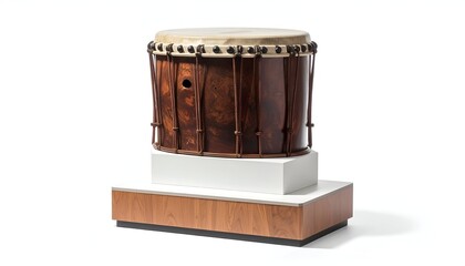 A large, wooden drum rests on a white and brown rectangular display