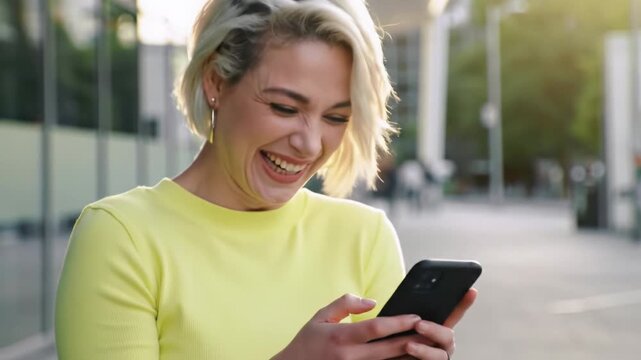A radiant young caucasian woman with a blonde bob in a yellow top, laughing joyfully at her smartphone in a modern urban bokeh background. Concept of digital positivity and happiness