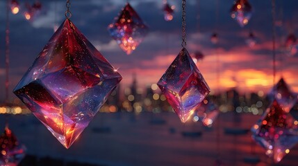 Gleaming jewels reflect a fiery sunset above a shimmering city waterfront