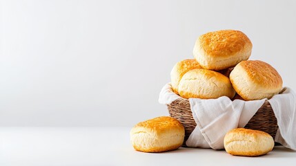 Fototapeta premium Golden brown homemade biscuits are presented in a woven basket lined with white linen on a clean white surface providing an inviting bakery style display.