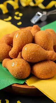 Crispy golden fried chicken drumettes, piled high on green and yellow napkins, subtly glazed, with blurred streamers and a whistle. Coxinha, casulo, Cheese ball, chicken croquette, cocoon,