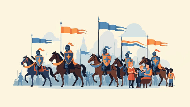 Knights on horseback with flags ride past onlookers in medieval-style scene