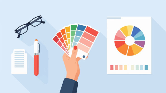 Hand holding color swatches near desk items and a color wheel chart