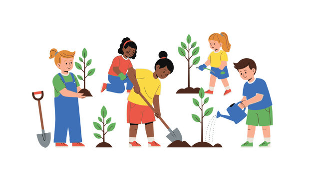 Illustration of diverse children and woman planting trees together in a colorful flat lay with green and earthy tones against a clean white background.