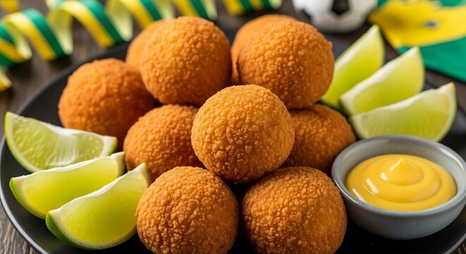 Golden-brown fried spherical appetizers on dark plate, with lime, yellow dip, ribbons, soccer ball. Coxinha, casulo, Cheese ball, chicken croquette, cocoon,