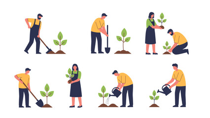 Illustration of people planting trees in various stages with shovels and watering cans against a clean white background. © AldiSetiawan07
